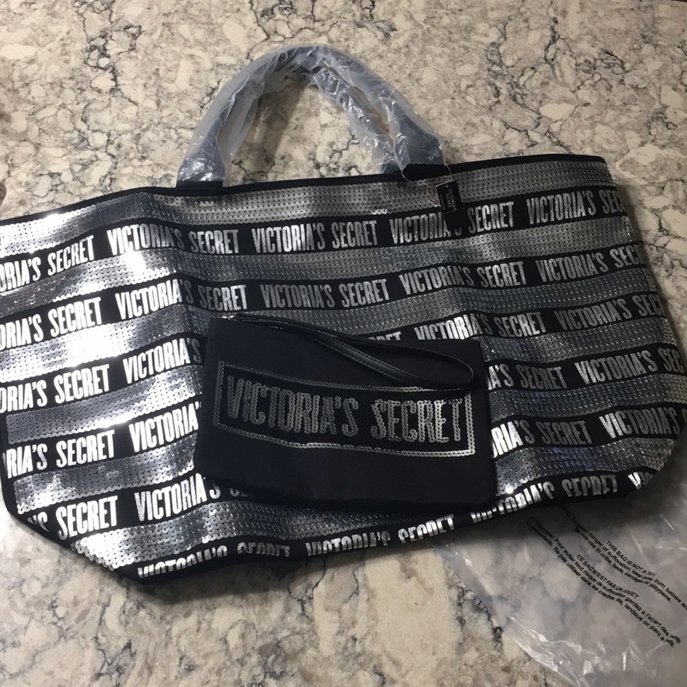 Black and silver Victoria’s Secret tote & clutch